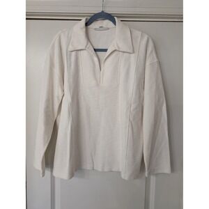 J. Jill Cream Textured Knit Polo Popover women's medium organic cream boxy